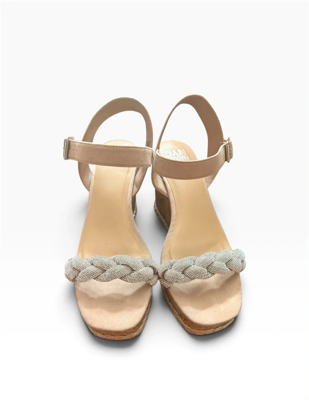 Madden NYC Braided Rhinestone Ankle Strap Sandals Nude Tan Silver